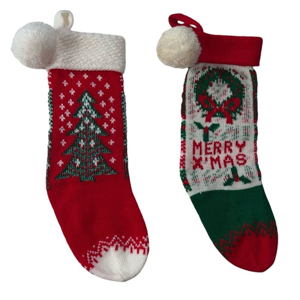 Vintage Knit Christmas Stockings Merry XMas Tree Wreath Red Green Nostalgia